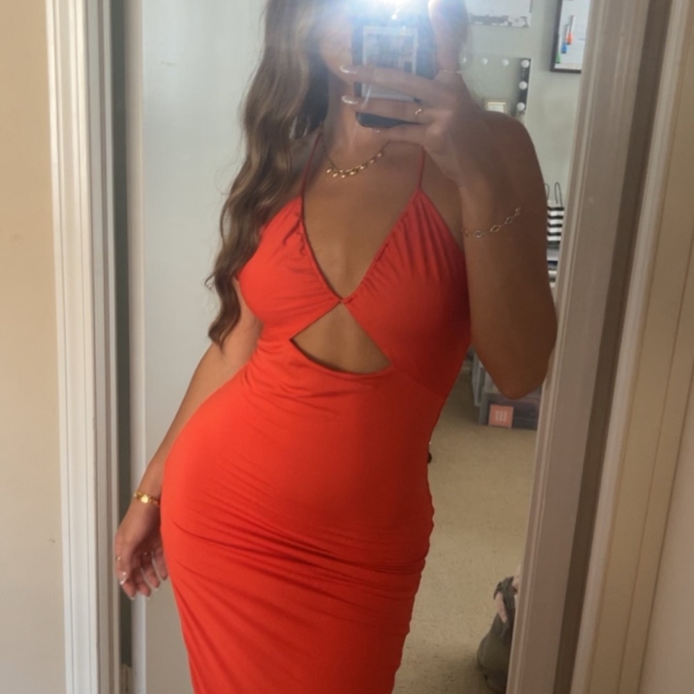 Oh Polly Orange Red Halter Bodycon Dress